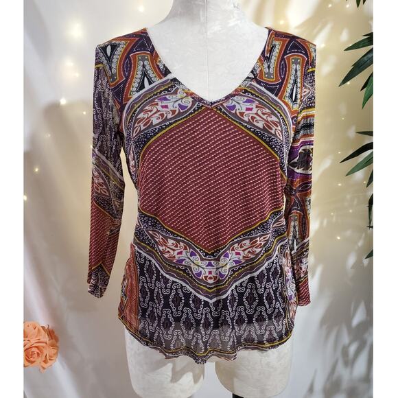 Lynn Ritchie 100% Silk Mesh Artsy Boho Print 3/4 Sleeve N-Neck Top Womens Size M - Picture 1 of 10